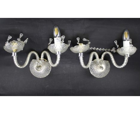 A pair of 20th century etched glass two-branch light wall sconces. Featuring facetted glass droplets, H22cm