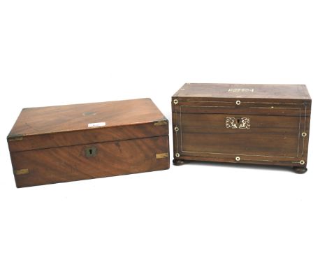 A late 19th century Rosewood tea caddy and a mahogany storage box. The tea caddy with mother of pearl inlaid decoration, rais