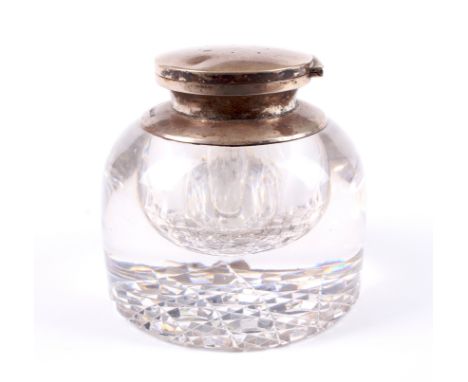 A large silver-mounted cut glass inkwell. The collar and top hallmarked for Birmingham, 1908, makers marks for A. Barrett &am