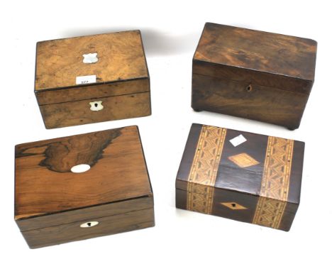 Four assorted wooded boxes. 19th century and later, to include a mahogany tea caddy and a stained wooden jewellery box with i