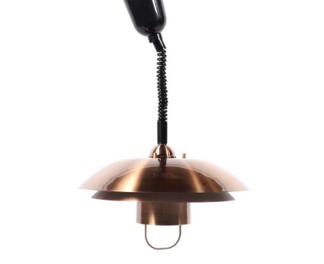 A contemporary copper and enamel light pendant. With two bowl-shaped shades connected to a central drum, with Italian fitting