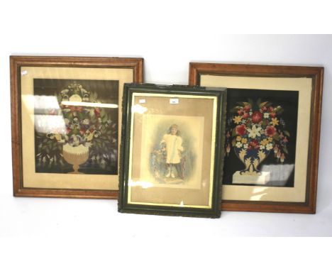 Two tapestries and an early photograph print of a child. The tapestries depicting floral bouquets in vases, all framed and gl
