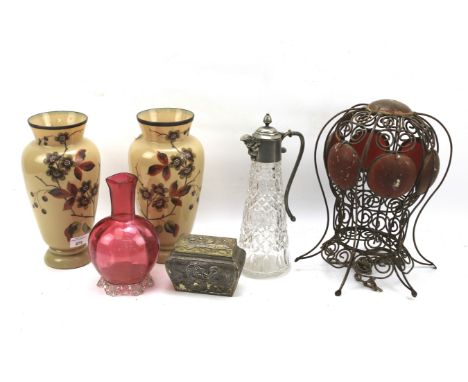 An assortment of glass and metalware. Comprising a leaded glass lantern, a pair of vases with floral decoration, a cranberry 