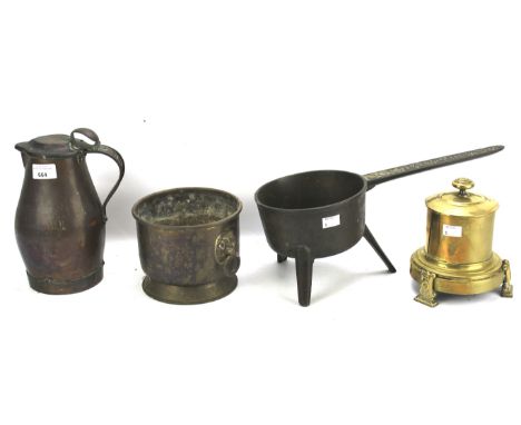 A Cox Taunton trivet pan and an assortment of metalware. Including a planter, stein, etc