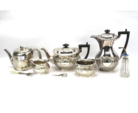 An EPNS silver plate tea set and other items. Including a silver and enamel topped scent bottle and a Waker &amp; Hall teapot