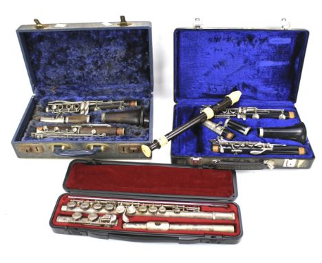 Four wind instruments. Comprising a Yamaha flute no 211S, Yamaha recorder and two Boosey &amp; Hawkes clarinets, three in fit
