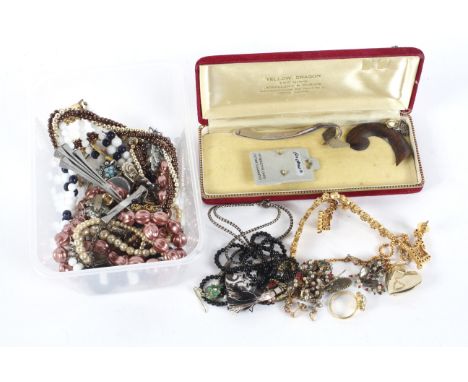 An assortment of costume jewellery. Including a white metal crucifix, pearl necklaces, earring studs, an Indian pearl and col