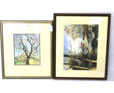 Two watercolours by Marjorie Dyke and Roger Austin (British, 21st Century). Romance in the Walnut Tree, and, a Village Church