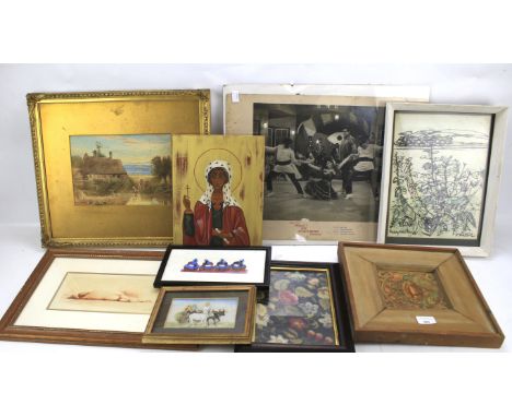 An assortment of prints, embroideries and paintings. Including a painting of flowers on a ceramic tile, watercolour of a farm