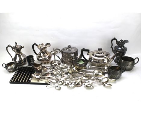 A large collection of silver plated wares. To include part tea sets, flatware, some being cased, etc