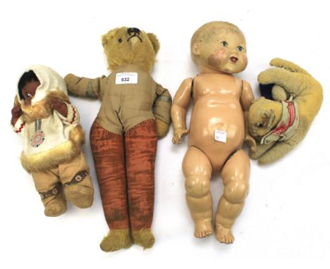 Four vintage toys. Comprising a doll dressed as an Eskimo, a bisque headed doll, a dog and a bear dressed in red trousers