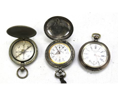 Two silver pocket watches and an American compass. One watch marked 'Hector De Bray' Condition Report: Overall in good condit