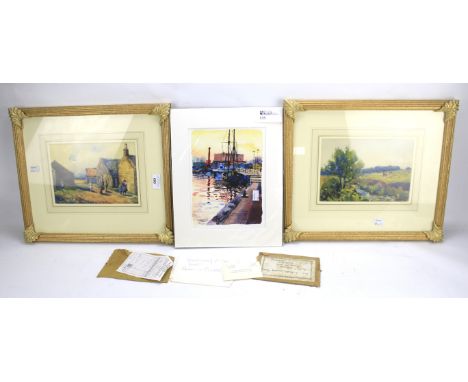 An Abigail McDougal limited edition signed print and two watercolours. The print depicting a harbour 9/100, 19cm x 26cm, the 
