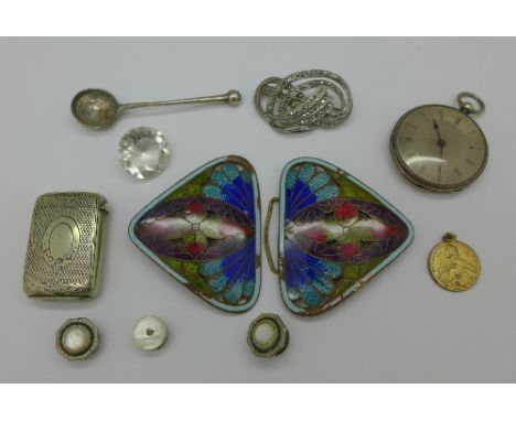 An enamel buckle, a/f, a vesta case, a fob watch, etc.
