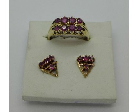 A 9ct gold and ruby ring and a pair of 9ct gold and ruby earrings, 4.5g, N