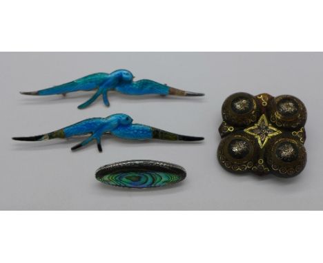 Two silver and enamel bird brooches, a/f, on with Chester hallmark by Charles Horner and one marked sterling silver, a pique 