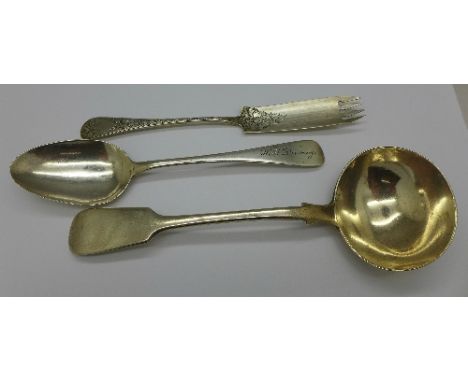 A Victorian silver pickle fork, Birmingham 1888, George Unite, a Victorian silver ladle, London  1859, George Adams and a Geo