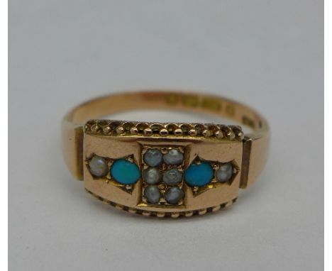 A Victorian 9ct gold, seed pearl and turquoise ring, Birmingham 1884, 1.8g, O