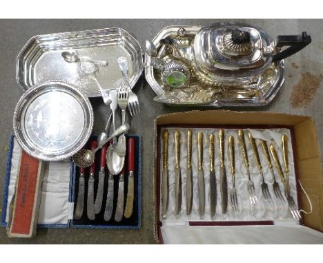 An EPNS teapot, a salver, forks, plated cutlery, etc.