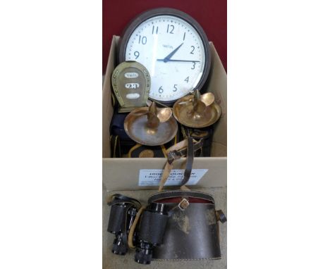 Assorted items, including a Smiths wall clock, field glasses, etc.