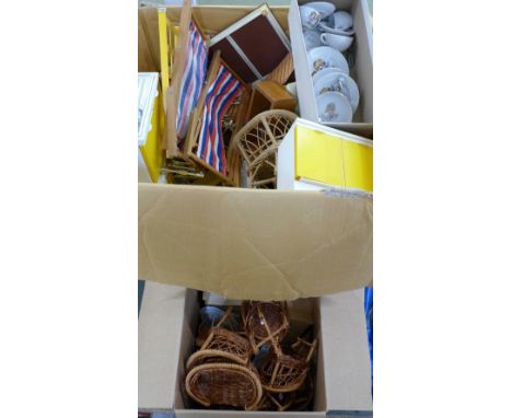 A box of children's furniture including kitchen and wicker cane furniture and a children's tea service