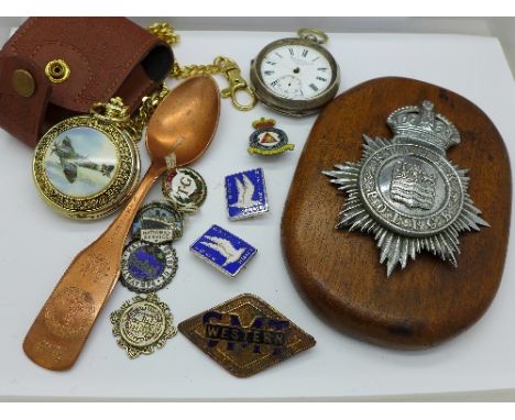 A Kendal & Dent silver pocket watch, a/f, enamel badges, mounted Police badge, etc.