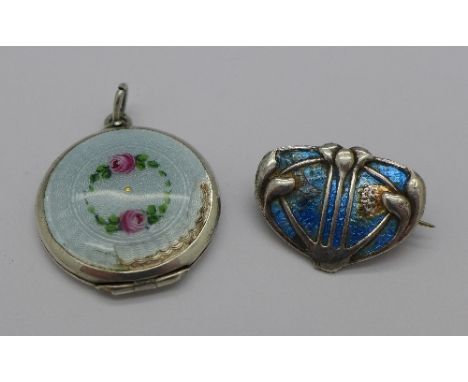 A silver and enamel Charles Horner brooch, a/f, and an enamelled locket, a/f