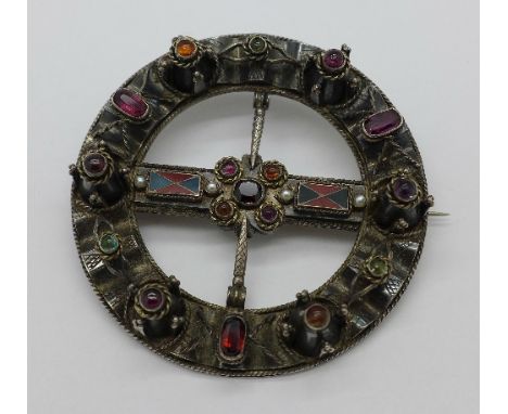 A large white metal Celtic kilt or dress brooch, set with cabochon gemstones, other stones, seed pearls and agate, the back b