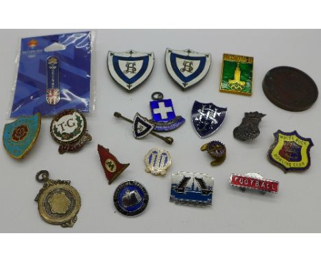 Enamel and other badges and silver fobs