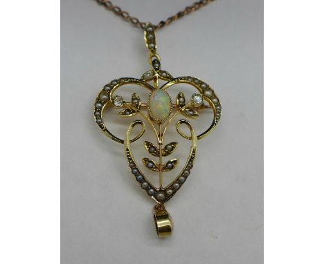 A 9ct gold Art Nouveau, diamond, pearl and opal pendant with plated chain