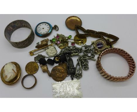An enamel fob watch, jewellery and badges