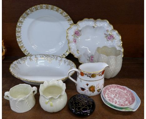 A Royal Crown Derby Vine bowl, two Royal Crown Derby plates and milk jug, a Royal Worcester pot, two Belleek bowls, a Clarice