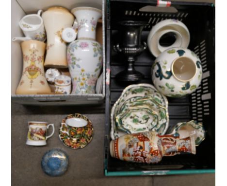 Mason's Chartreuse Ironstone china, large ginger jar, jug, dishes and plates, a pair of blush ivory vases, Poole pottery posy