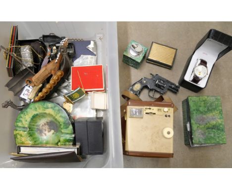 A box of assorted items; a Lone Star toy gun, a Kodak Brownie camera, a smoking set, watches, etc. **PLEASE NOTE THIS LOT IS 