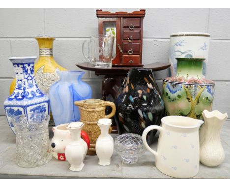 A wooden elephant stool, jewellery cabinet, a Taiwanese stick stand and assorted vases **PLEASE NOTE THIS LOT IS NOT ELIGIBLE