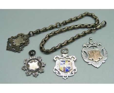 A silver fob and chain and three other silver fob medals, 54g 