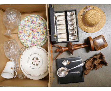 Two two-tier Midwinter chintz cake stands, (a/f no handles), two Wedgwood plates, two glass decanters, plated flatware includ