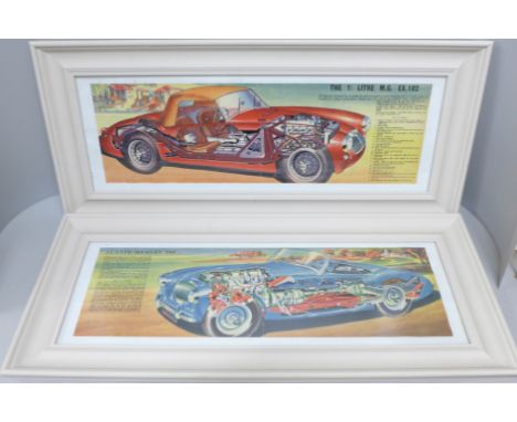 Two framed 1950s vintage car cutaway diagram prints, The 1½ litre MG Ex. 182 and Austin Healey 100 