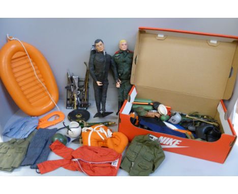 Two vintage Action Man figures, dinghy and a collection of accessories 