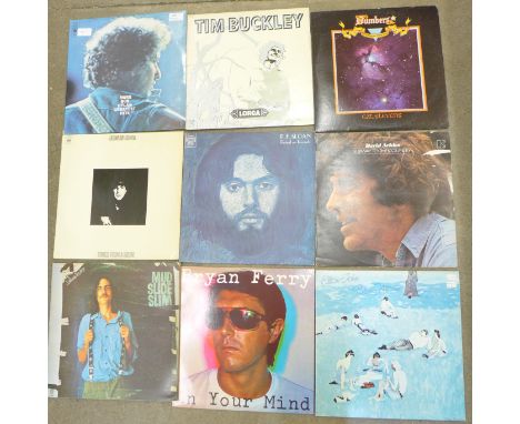 Twelve LP records; Bob Dylan, Tim Buckley, Leonard Cohen, etc. 