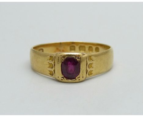 A Victorian 18ct gold and ruby ring, London 1875, 3.5g, P 