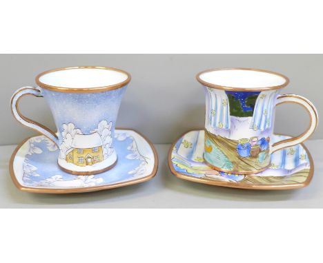 Two enamelled cups and saucers, Border Fine Arts Snowman and Disney Winnie The Pooh with Tigger 