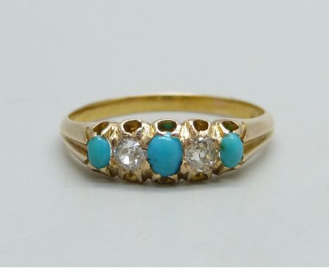 A Victorian 18ct gold, turquoise and diamond, five stone ring, 2.1g, M/N 