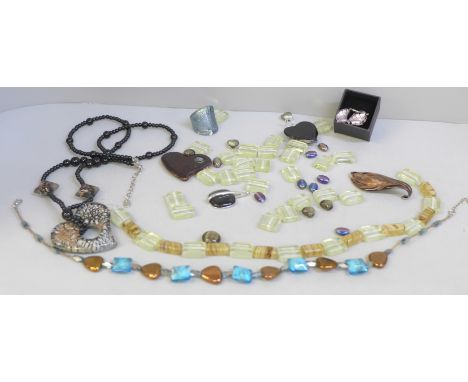 Murano and other glass jewellery; three necklaces, earrings, a ring, pendants and loose beads 