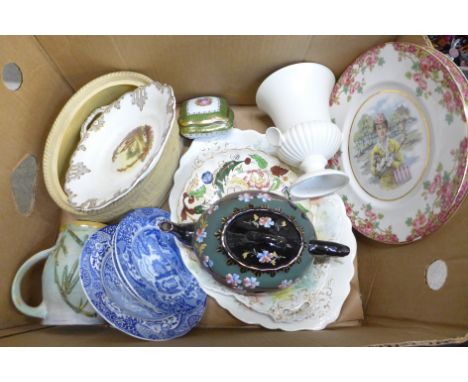 A box of assorted ceramics including a game pie dish, Spode blue Italian plates, Jacksdale teapot, etc. **PLEASE NOTE THIS LO