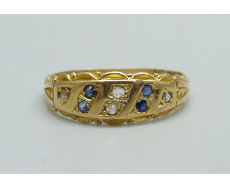 A late Victorian 18ct gold, sapphire and diamond ring, worn Birmingham mark, 2.3g, O, shank worn 