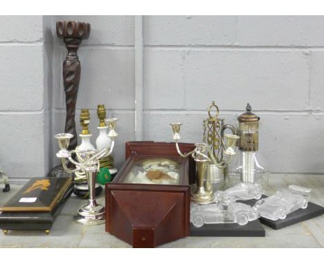 Two lamps, two candelabra, a wall clock, a musical jewellery box, three model glass cars, one a/f **PLEASE NOTE THIS LOT IS N