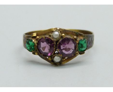 A 'suffragette' ring with amethyst, green stone and seed pearl set, 1.3g, L 