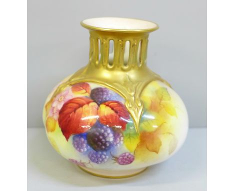 A Royal Worcester vase, signed K (Kitty) Blake, Autumn Fruits design, H306, circa 1930, 10cm 