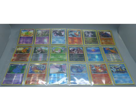 27 Pokemon cards vintage holos, including sets Platinum, Phantom Forces, Furious Fists, Steam Siege, etc., in protective slee
